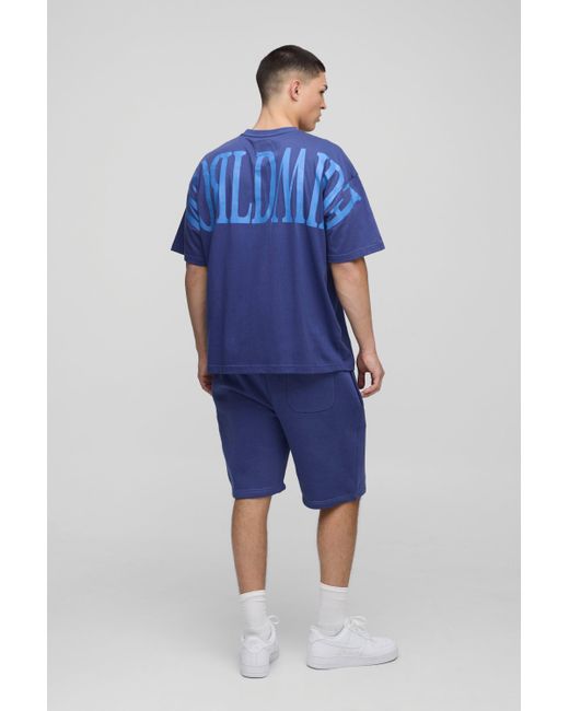 BoohooMAN Blue Oversized Worldwide Over Seam Print T-shirt & Short Set for men