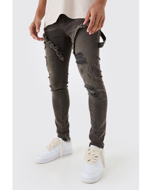 Skinny Stretch Ripped Carpenter Jeans In Brown Boohoo