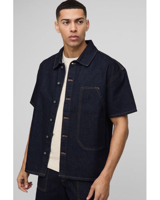 BoohooMAN Blue Oversized Carpenter Pocket Indigo Denim Shirt for men