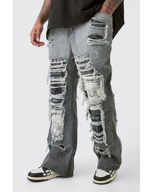 BoohooMAN Plus Slim Rigid Flare Rip & Repair Applique Jeans in Gray für Herren