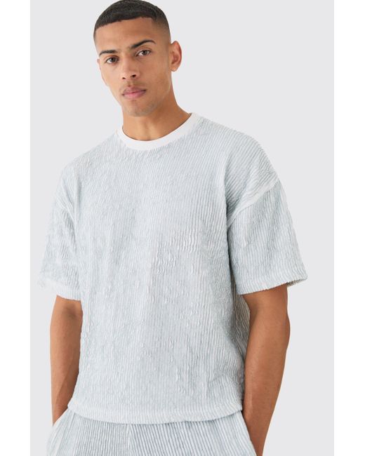 BoohooMAN White Two Tone Boxy Ripple Pleated T-shirt And Short for men