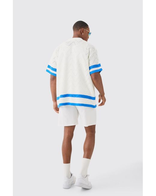 Boohoo White Oversized Boxy Open Knit Stripe Shirt In Blue