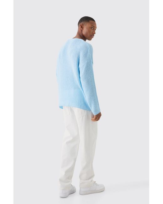 BoohooMAN Oversized Boxy Jacquard Varsity Open Stitch Sweater In Light Blue for men