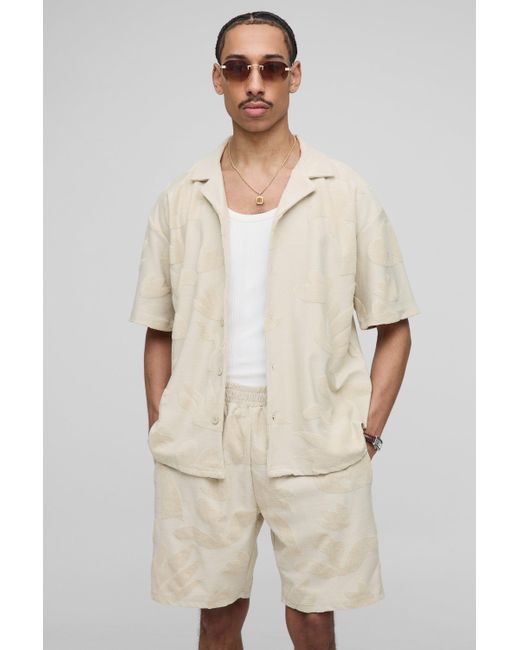 BoohooMAN Natural Oversized Revere Towelling Shirt & Loose Short Set for men