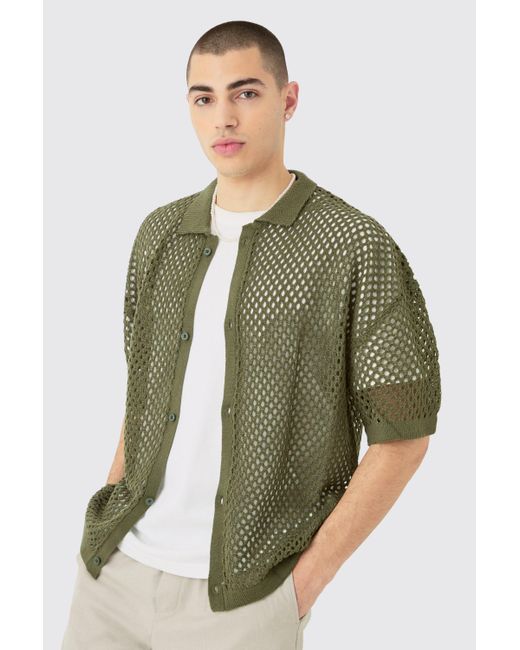 BoohooMAN Green Oversized Boxy Fit Crochet Shirt In Khaki for men