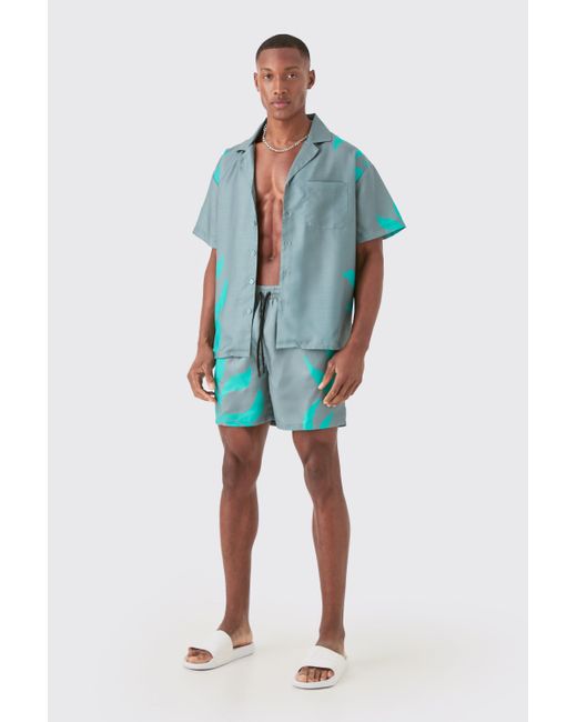 BoohooMAN Blue Boxy Printed Shirt And Trunks Set for men