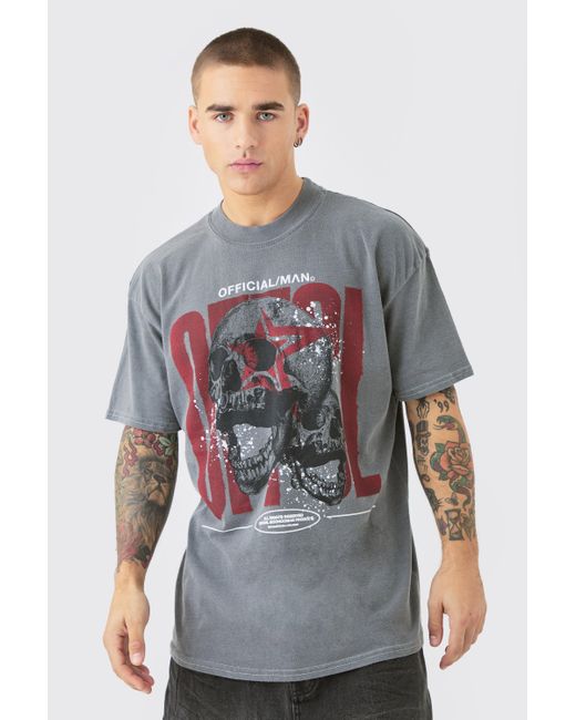 Oversized Extended Neck Ofcl Skull Wash T-Shirt Boohoo de color Gray