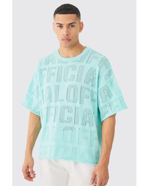 BoohooMAN Oversized Branded Open Stitch T-shirt In Light Blue for men