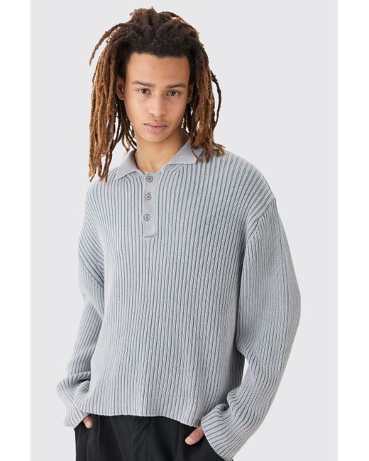 BoohooMAN Gray Oversized Boxy Acid Wash Ribbed Knit Polo In Grey for men