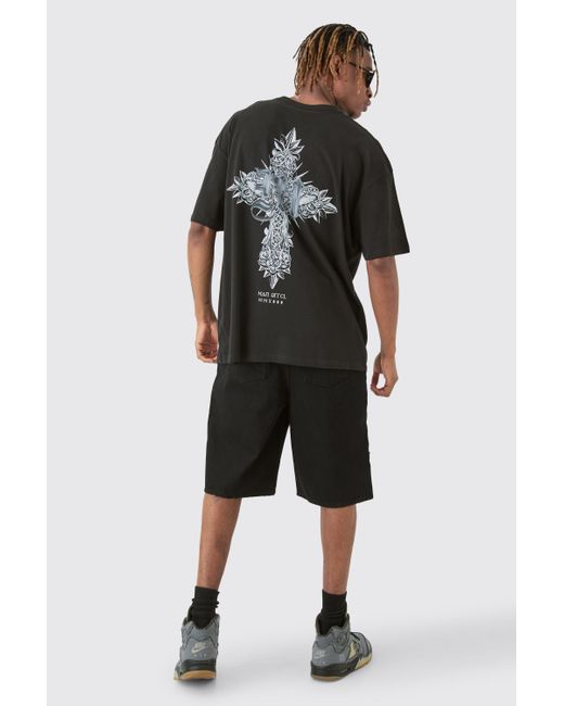 BoohooMAN Tall Metallic Back Print Cross T-shirt In Black for men