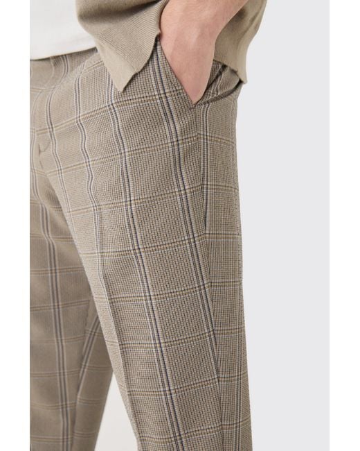 BoohooMAN Stretch Textured Check Tailored Trousers in Natural für Herren