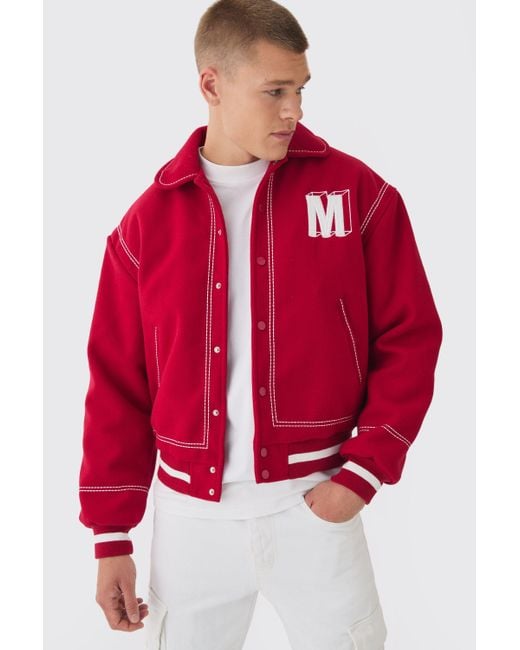 BoohooMAN Red Boxy Stitch Detail Melton Varsity Jacket for men