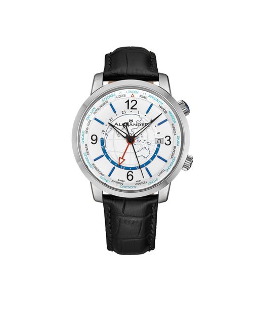 BoohooMAN Alexander Alexander A171a Journeyman 2 Luxury 42mm World Traveler Watch With Dark Blue Enamel Earth Pattern Crown for men