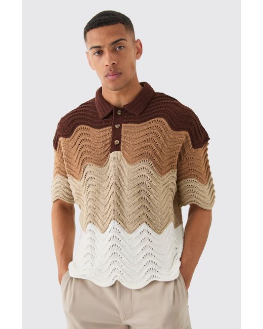 BoohooMAN Brown Oversized Boxy Ombre Crotchet Polo for men