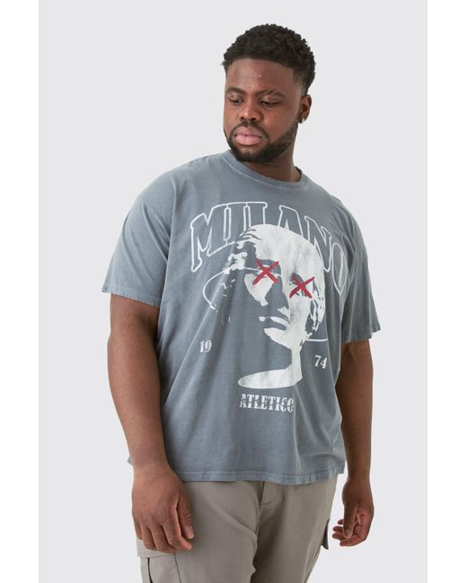 BoohooMAN Blue Plus Distressed Oversized Washed Milano Graphic T-shirt for men