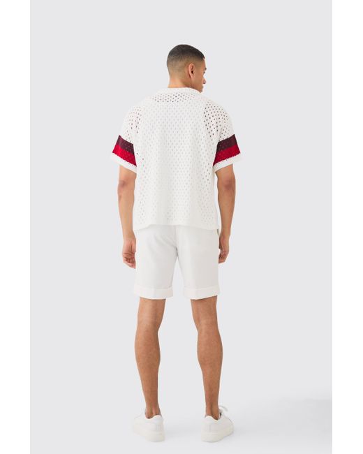 BoohooMAN Oversized Boxy Open Stitch Revere Stripe Shirt In White for men