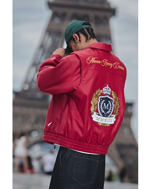 BoohooMAN Oversized Fit Textured Pu Embroidered Crest Bomber Jacket for men