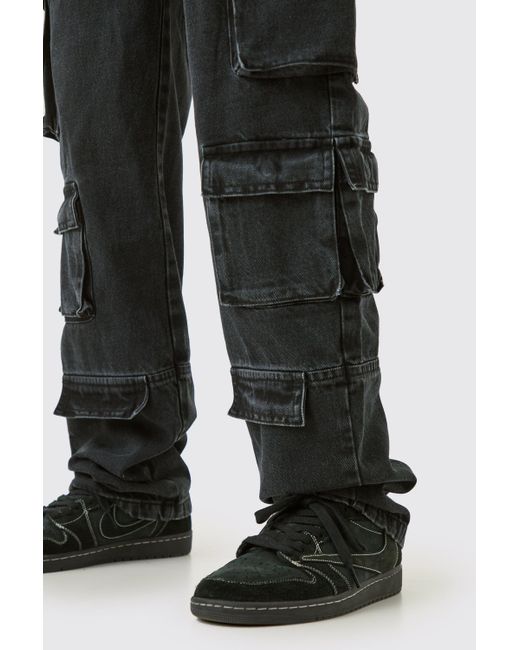 BoohooMAN Black Tall Relaxed Fit Acid Wash Cargo Jean for men