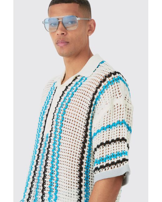 BoohooMAN Blue Oversized Open Stitch Deep Revere Stripe Knit Polo for men