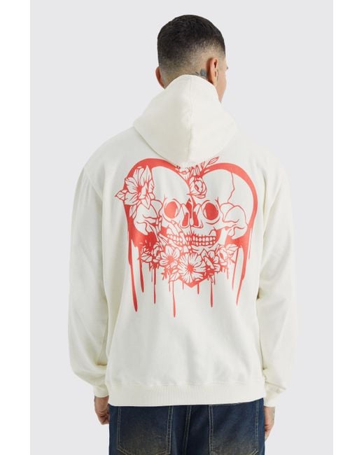 BoohooMAN White Tall Oversized Skull Heart Graphic Hoodie for men