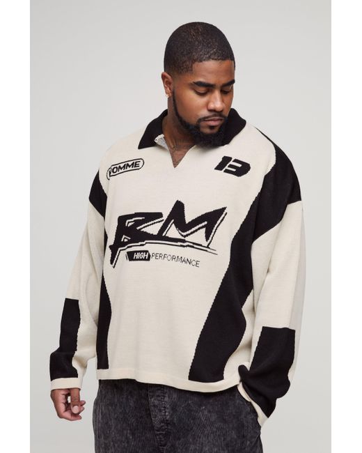 BoohooMAN Natural Plus Oversized Boxy Long Sleeve Knitted Moto Polo for men