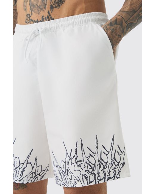 BoohooMAN White Tall Printed Hem Swim Shorts for men