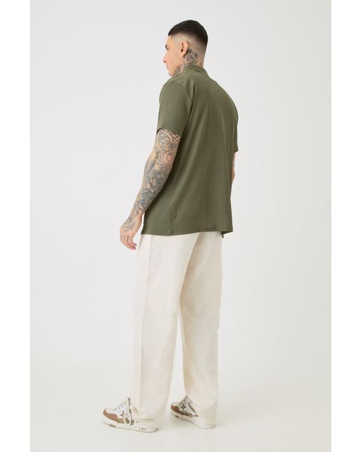BoohooMAN Green Tall Short Sleeve Regular Textured Shirt In Khaki for men