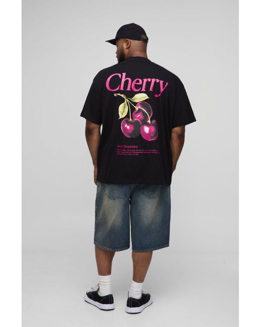 BoohooMAN Plus Oversize T-Shirt mit Kirsch-Print in Black für Herren