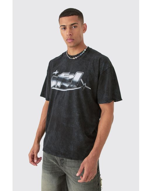 Boohoo Black Tall Distressed Oversized Acid Wash Metallic Graphic T-shirt