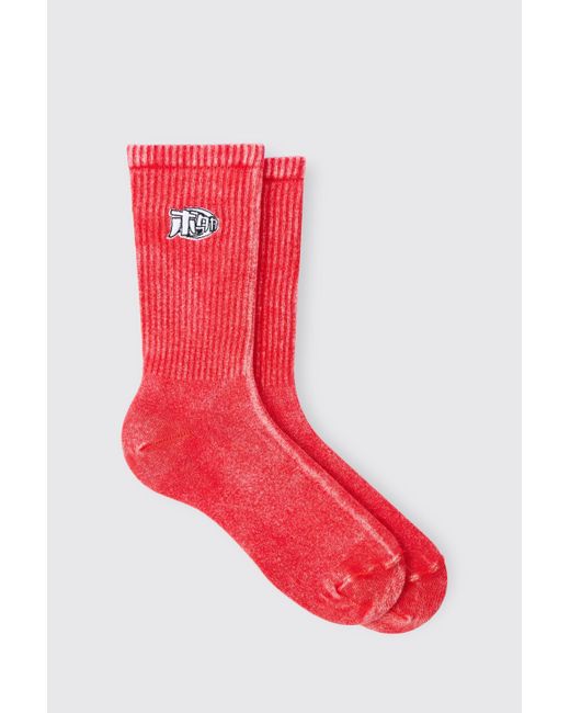 BoohooMAN Acid Wash Embroidered Socks In Red for men