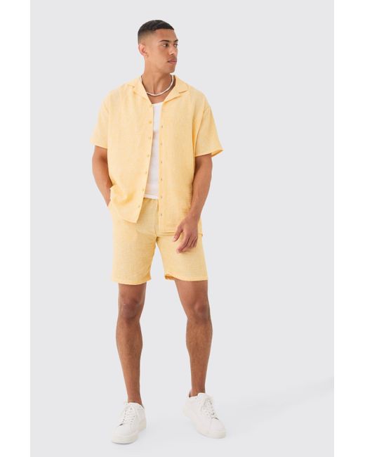 BoohooMAN Yellow Oversized Linen Look Shirt & Short Set for men