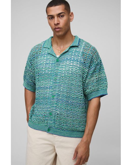 BoohooMAN Blue Boxy Revere Ombre Texture Knitted Shirt for men