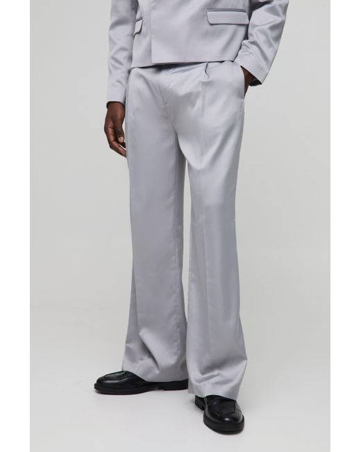 BoohooMAN Satin-Hose mit weitem Bein und Bundfalte in Gray für Herren