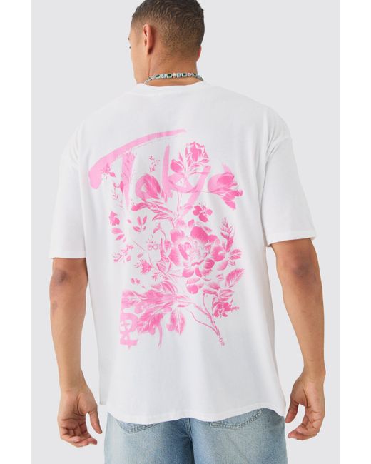 BoohooMAN White Oversized Tokyo Extended Neck Floral Back Print T-shirt for men