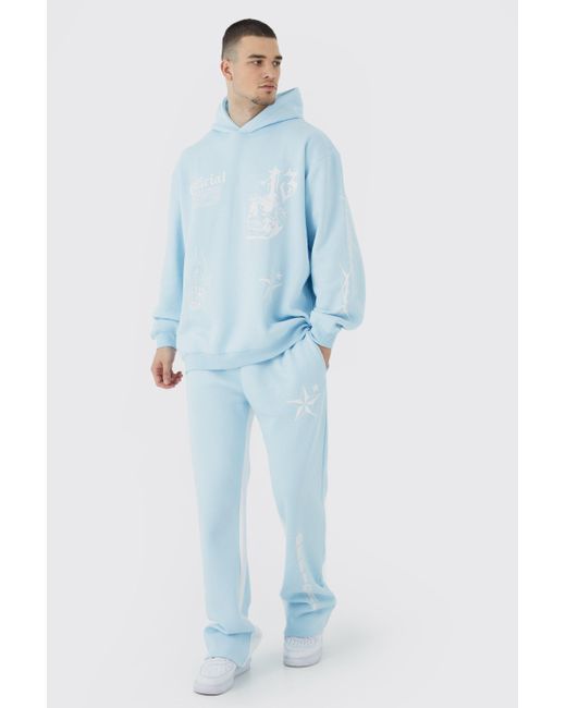 BoohooMAN Blue Tall Oversized Graffiti Gusset Hooded Tracksuit for men