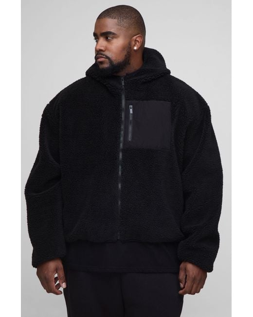 BoohooMAN Blue Plus Oversized Borg Zip Through Hooded Jacket for men