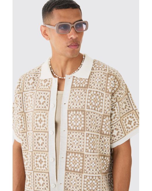 BoohooMAN White Oversized Boxy Crochet Knitted Shirt for men