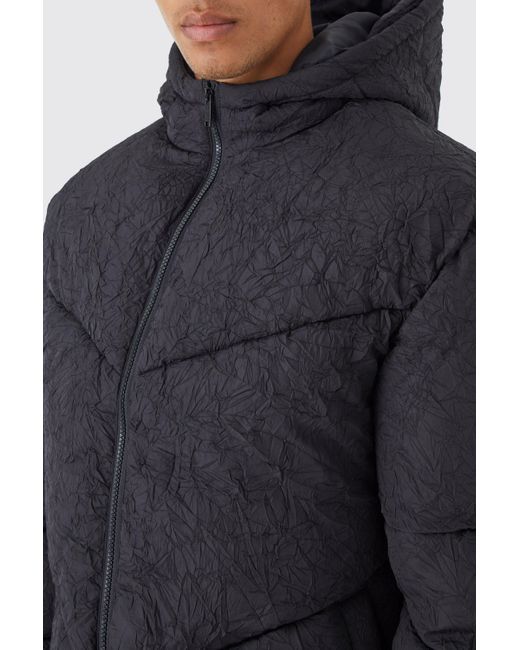 BoohooMAN Blue Crinkle Texture Hooded Puffer for men