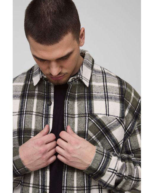 BoohooMAN Tall kastiges kariertes Overshirt mit geteiltem Saum in Gray für Herren