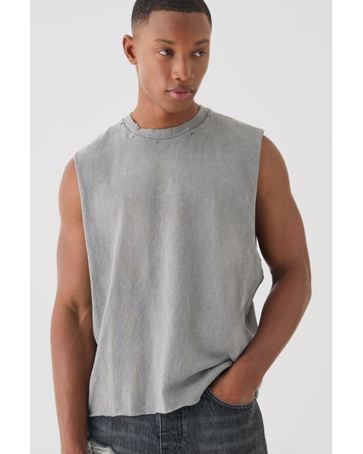 BoohooMAN Gray Oversized Boxy Wash Distressed Tank for men