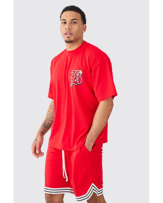 BoohooMAN Red Oversized Mesh Varsity Top And Basketball Shorts Set for men
