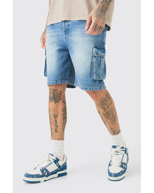 BoohooMAN Blue Tall Rigid Denim Relaxed Fit Cargo Shorts In Mid Wash for men