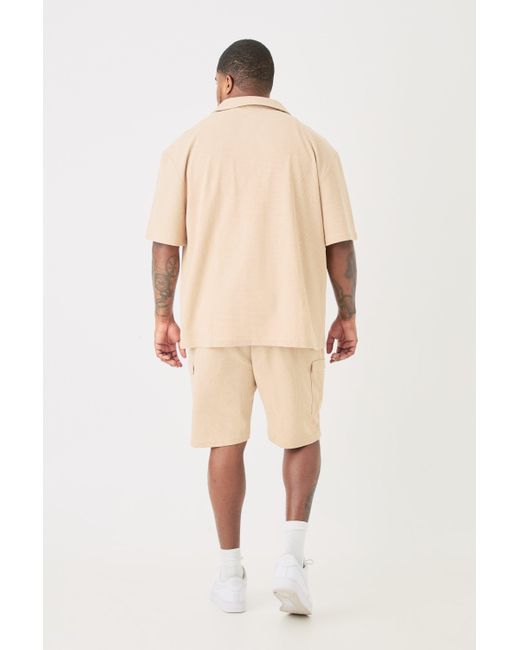BoohooMAN Natural Plus Short Sleeve Drop Revere Shirt & Cargo Short Set In Stone for men