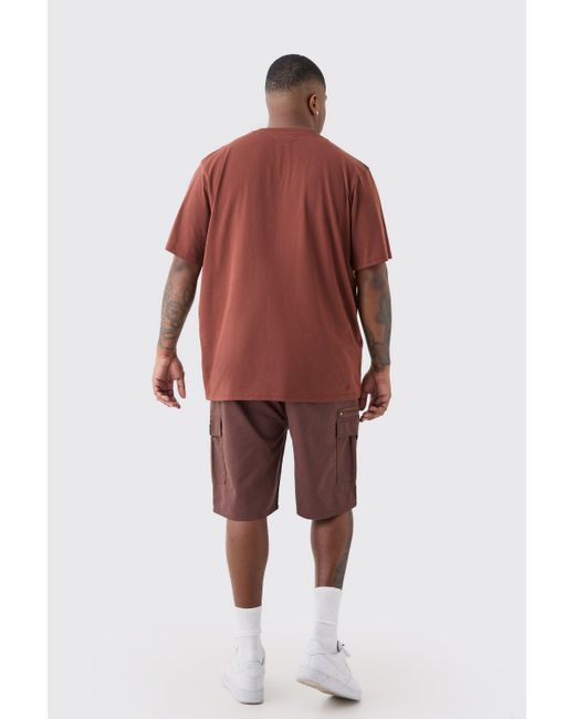 BoohooMAN Brown Plus Fixed Waist Twill Relaxed Cargo Zip Detail Tab Short for men