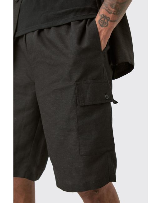 BoohooMAN Tall Elasticated Waist Relaxed Linen Cargo Shorts In Black for men