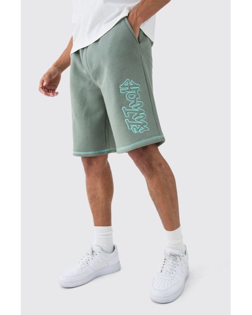BoohooMAN Green Oversized Contrast Stitch Applique Shorts for men