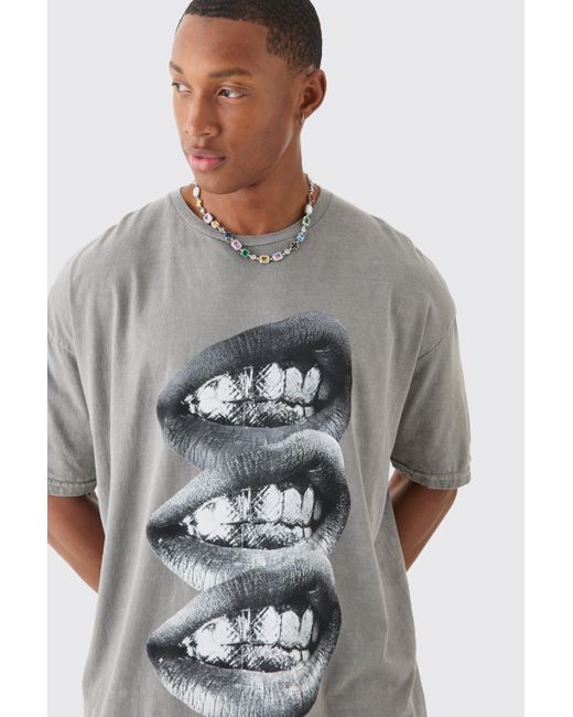 BoohooMAN Gray Oversized Washed Lip Graphic T-shirt for men
