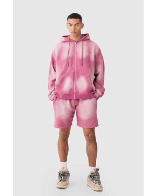 BoohooMAN Man Oversized Sun Bleach Zip Through Hooded Short Tracksuit in Pink für Herren