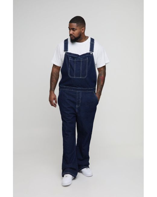 BoohooMAN Blue Plus Straight Leg Contrast Stitch Overalls for men