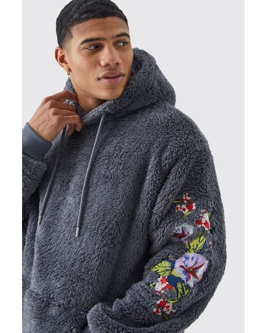 BoohooMAN Blue Oversized Borg Floral Embroidered Hooded Tracksuit for men